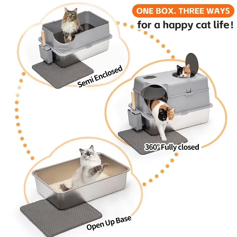 Enclosed Design XL Stainless Steel & ABS Cat Box with 96L Inner Space Shovel Easy Cleaning Large Capacity Portable