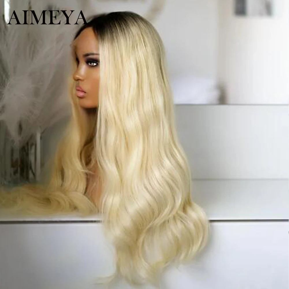 AIMEYA Ombre Lace Front Wig Black/Blonde Synthetic Lace Wigs for Women Natural Wave Synthetic Cosplay Prty Wigs Heat Resistant