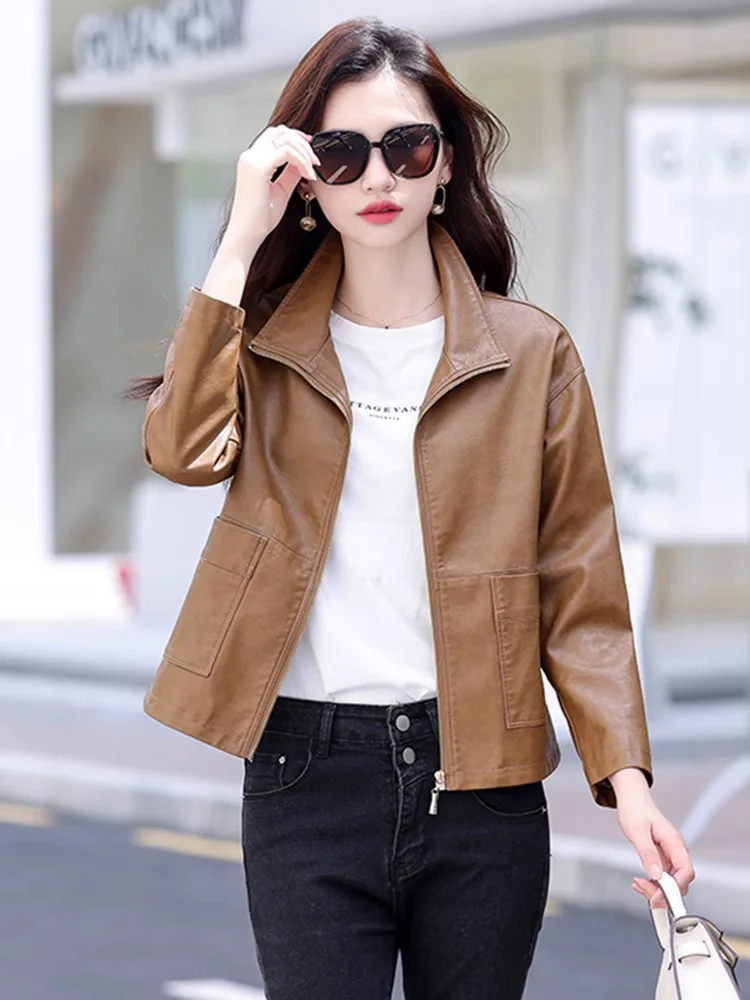 New Women Short Leather Jacket Spring Autumn Fashion Stand Collar Zipper Fly Casual Loose Black Coat Split Leather Outerwear