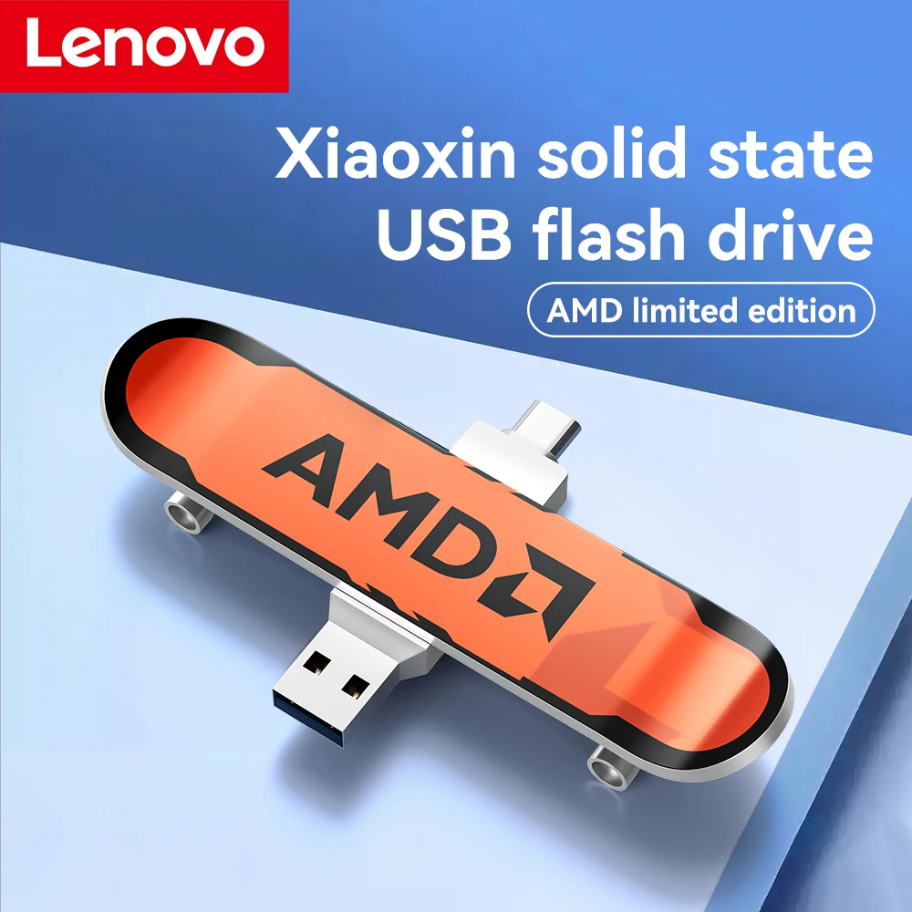 

USB-накопитель Lenovo 128 ГБ в форме скейтборда, с двумя портами USB-C и USB-A, 360 ° Вращающийся высокоскоростной SSD-накопитель для телефона и ноутбука