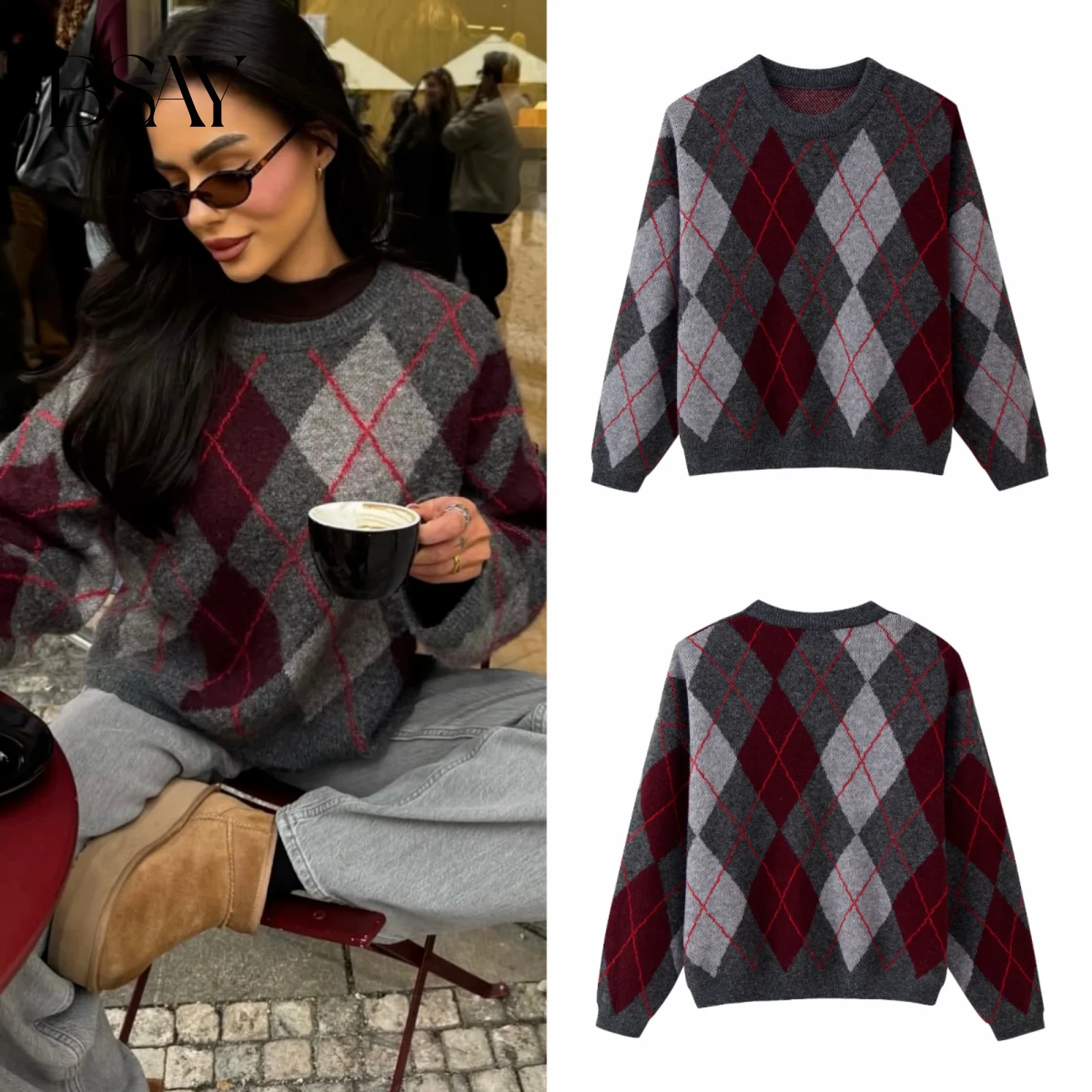 

BSAY Plaid Jacquard Knitted Sweater for Women Fashion Autumn Winter Long Sleeves Round Neck Tops Chic Female Knit Sweaters Mujer