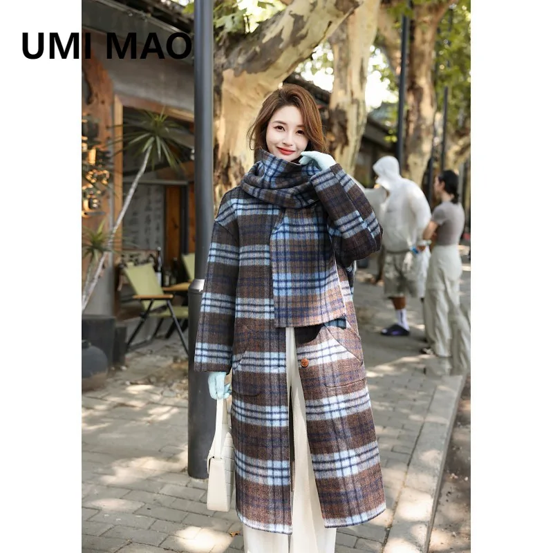 UMI MAO Woolen Coat Women's Autumn Winter New Reversible Plaid Scarf Cashmere Coat Elegant Slimming Long Jacket Female Overcoat