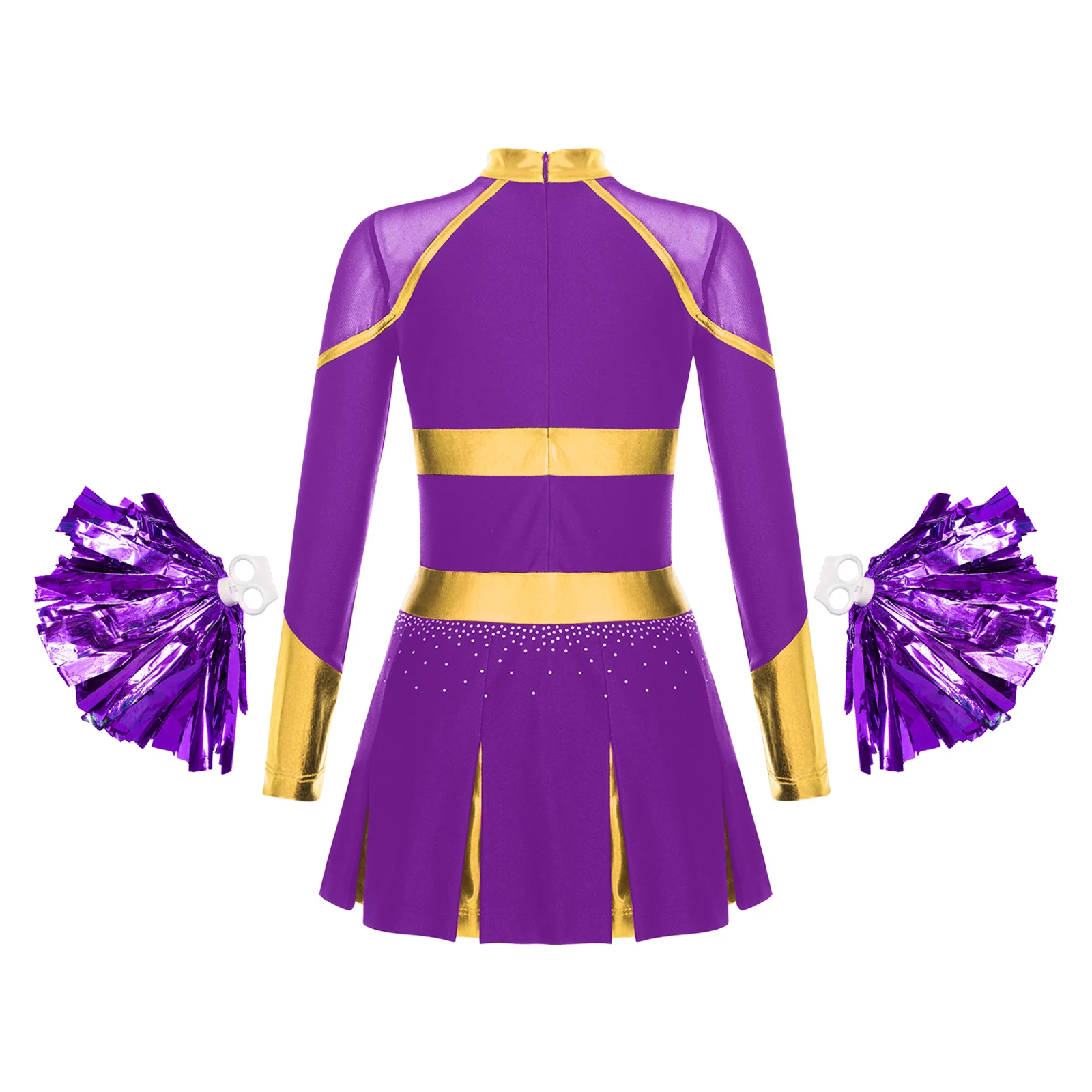 Kinder Mädchen Cheerleading Uniform Cheerleader Tanzkostüm Glitzernde Strasssteine Metallic Plissee Kleid mit 2 Stück Handblumen – Detail 12