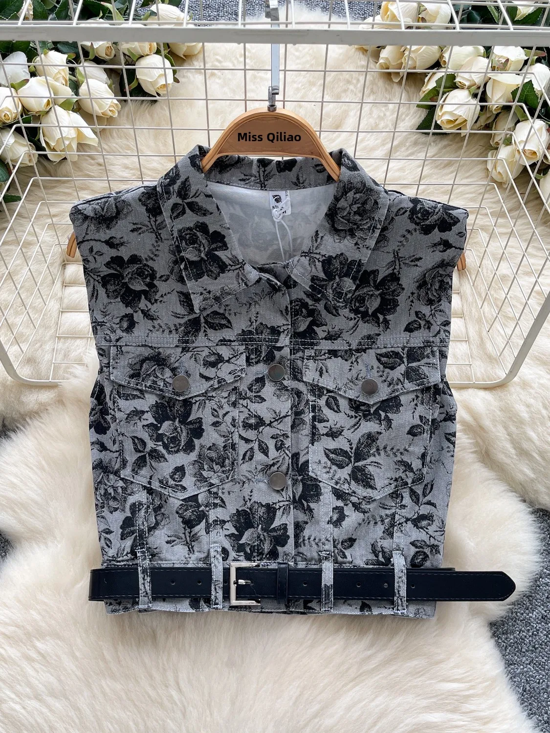 

Ретро Гонконг Sle Faion Print ort Top Женский летний модный топ небольшого размера с поясом на талии и джинсовым жилетом Svel