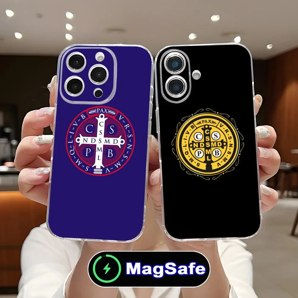 

Saint Benedict Medal Mobile Phone Case for iPhone 17 16 15 14 13 12 11 Air Pro Max Plus Mini Magsafe Clear Colorful Cover Luxury