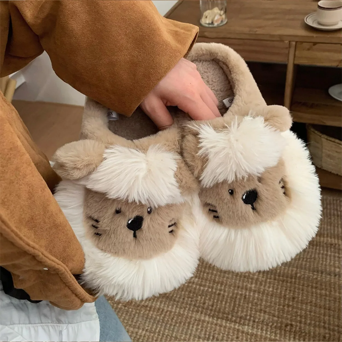 Women House Fur Slippers Casual Cute 3D-shaped Lovely Lion Design Yellow Khaki Winter Indoor Non-slip Warm Soft Soles Comfy Home image 5