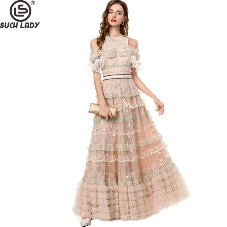 Vestidos femininos o pescoço mangas curtas sexy fora do ombro bordado em camadas babados elegante designer vestido de noite baile tamanho s4x