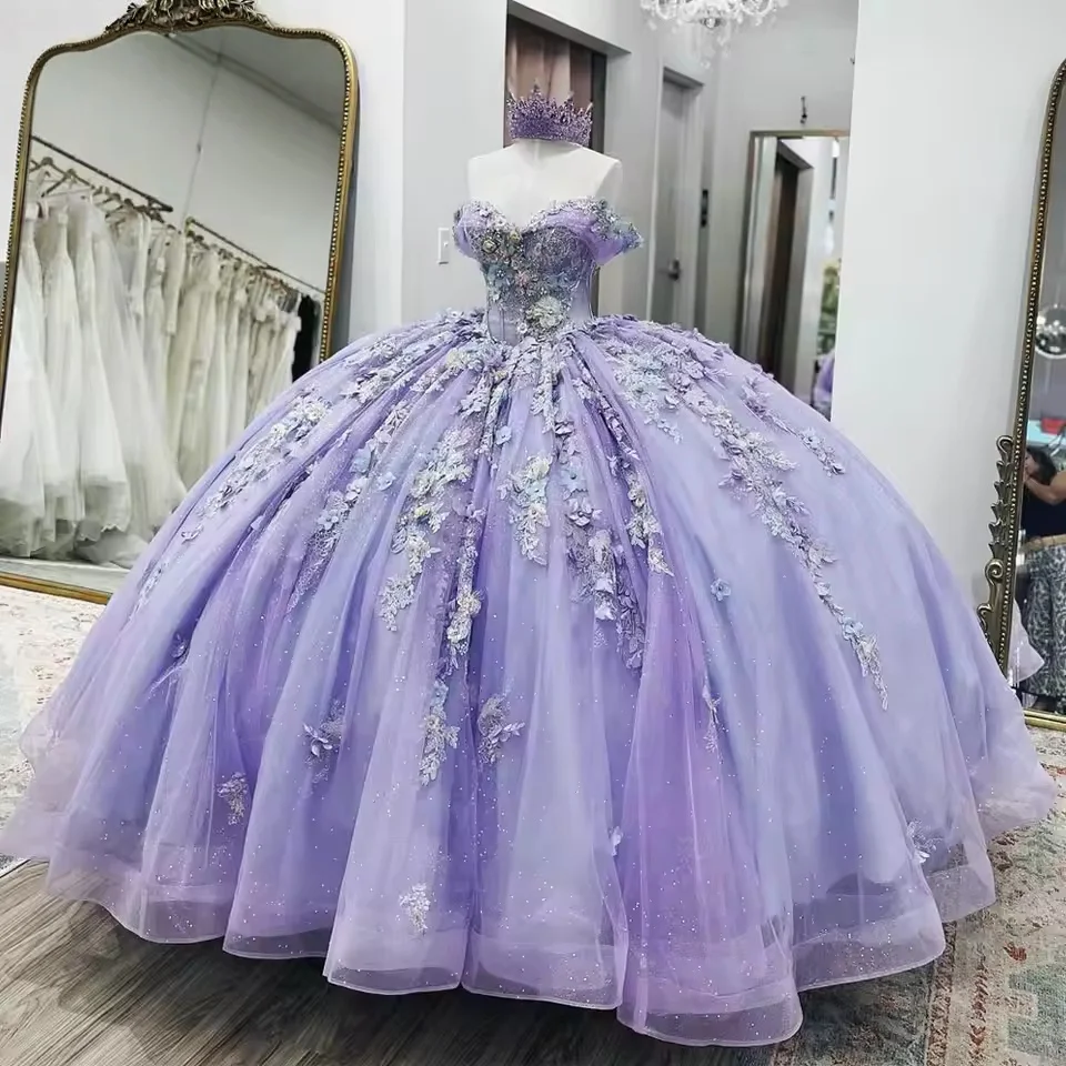 فساتين Quinceanera أرجوانية ثوب حفلة قبالة الكتف مزين بالزهور الحلو 16 فساتين 15 Años المكسيكي حسب الطلب #1