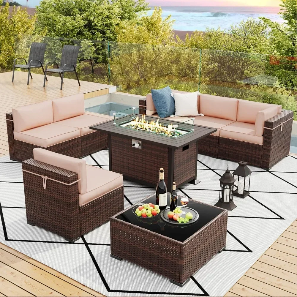 8 Pieces Patio Furniture Set Outdoor with Gas Fire Pit Table, PE Wicker Pit Conversation Set