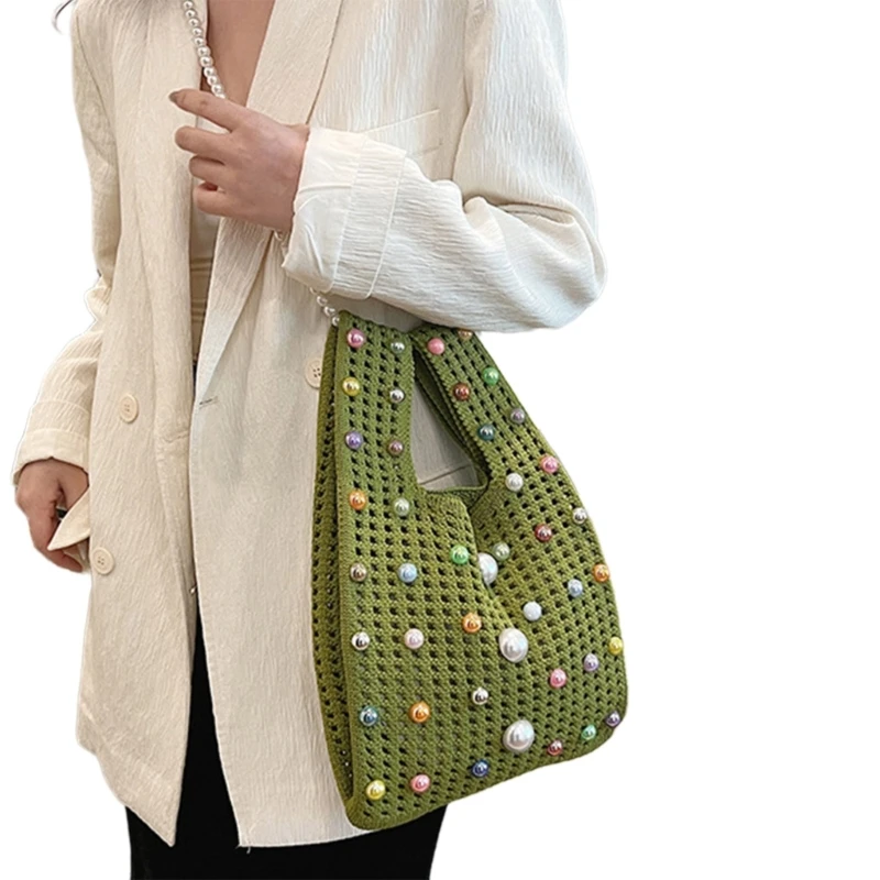 Contemporary Hollow Out Knitted Small Handbag with Beaded Chain Single Shoulder Bucket Bag Perfect for Any Occasion