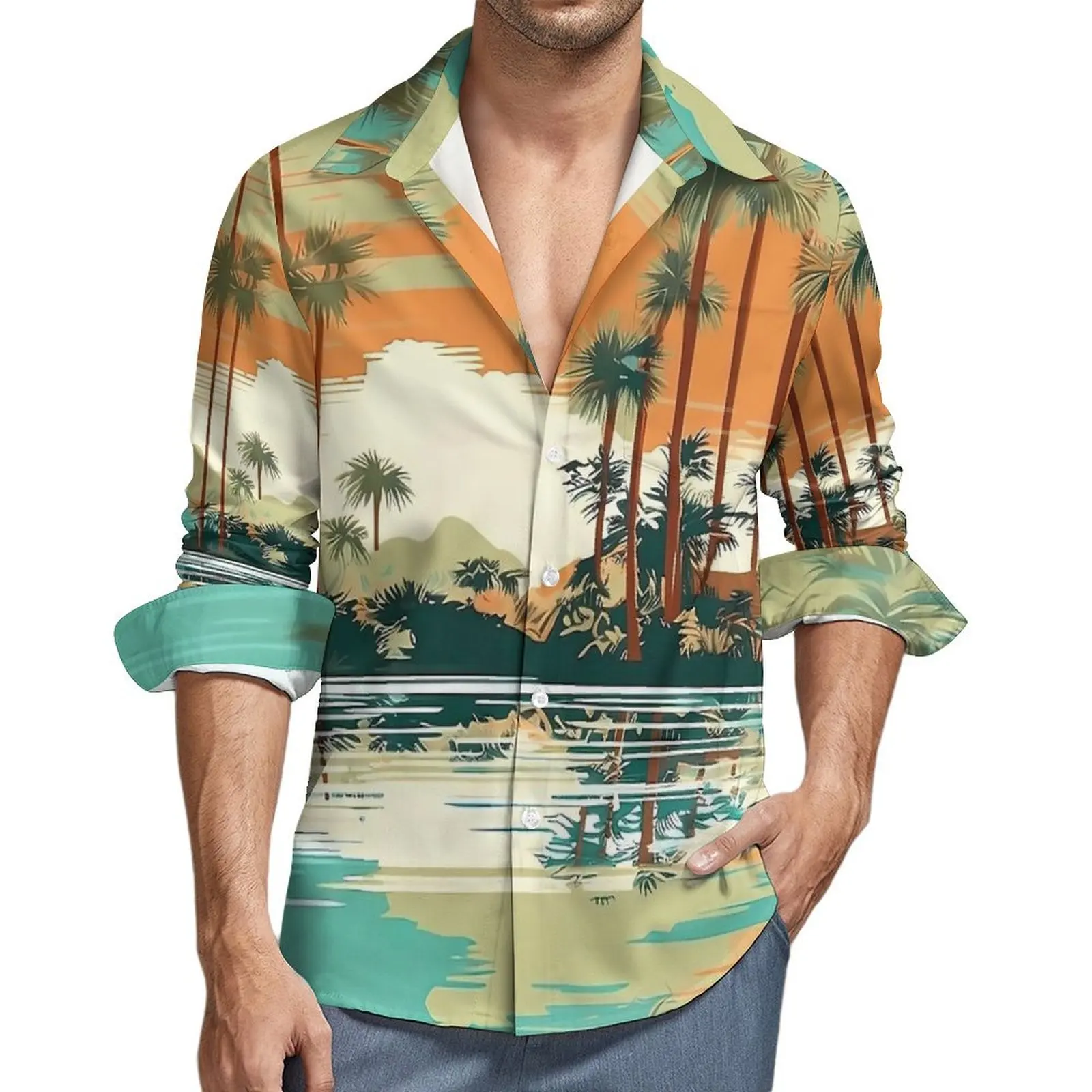 

Mens Shirt Hawaiian Casual Shirts Long Sleeve Florida Travel Poster Comfortable Blouses Spring Cool Graphic Oversize Top
