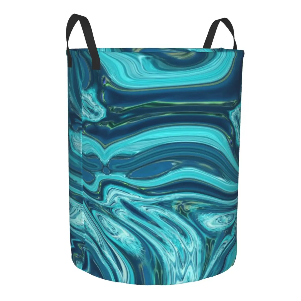 Custom Blue Teal Marble Swirls Mid Century Modern Laundry Basket Collapsible Clothes Hamper for Nursery Kids Toys Storage Bag