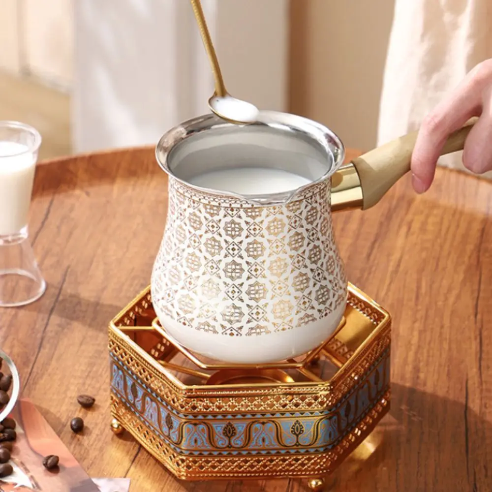 550ml Turkish Coffee Pot Long Wooden Handle Arabic Style Butter Melting Pot Stainless Steel V Shape Diverter Port Milk Tea Pot