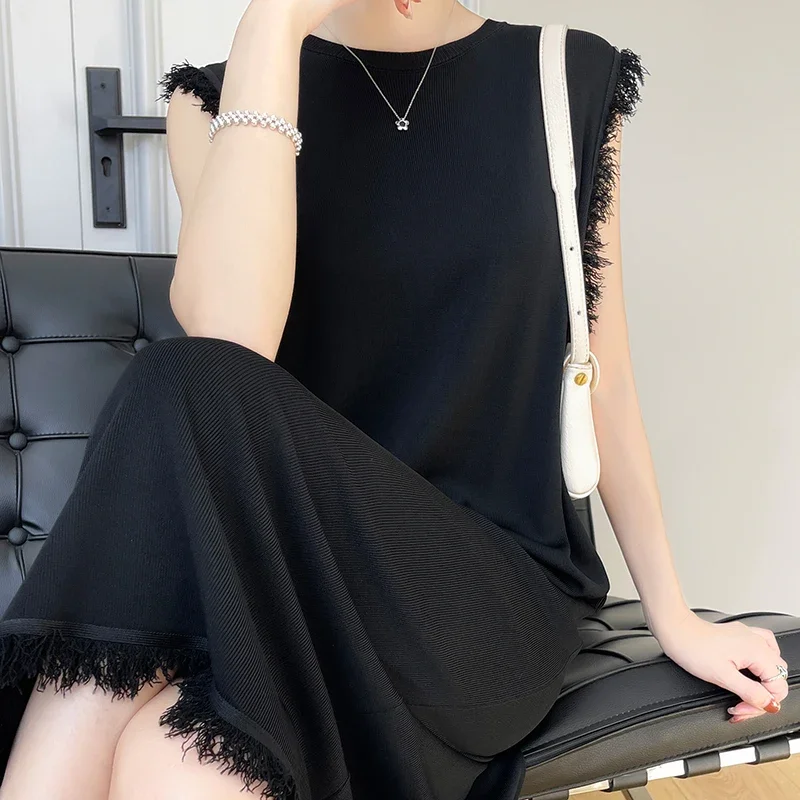 Sleeveless Rugged Fringe Dress Women's Ice Silk Loose Elegant Fashion Party  New Robe Versatile Formal Occasion  N130