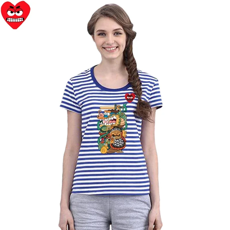 Break Egg Women Striped T-shirt Cotton Cartoon  Heart Embroidered Dragon Graph Printed Short Sleeve Round Neck Summer T-shirt