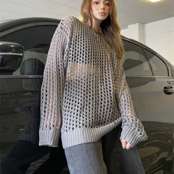 女性のための透かし彫りのプルオーバー、ロングスタイル、バギーウェア、ニット、カジュアルな休暇、女性の美的テンダーホドレ、夏