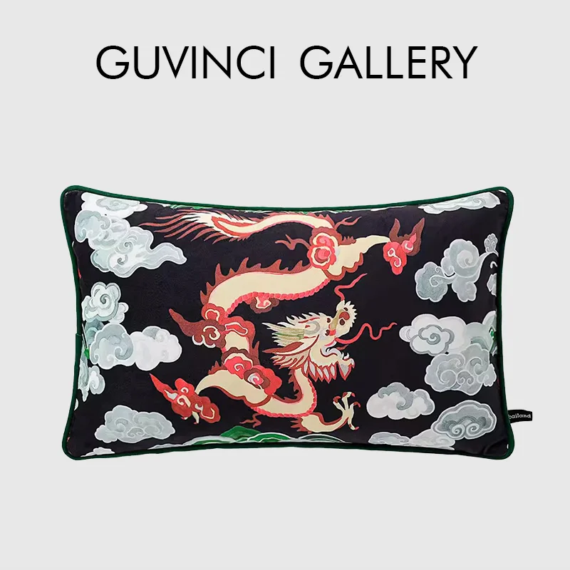 

GUVINCI Fantastical Dragon Pattern Decorative Velvet Lumbar Pillow Cover In Navy Blue Chinoiserie Furniture Cushion Case 30x50cm