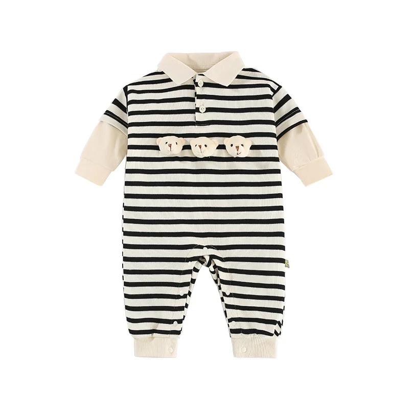 Newborn Baby Jumpsuit Spring and Autumn Baby Clothes Striped Romper Three Bears Cute Pattern