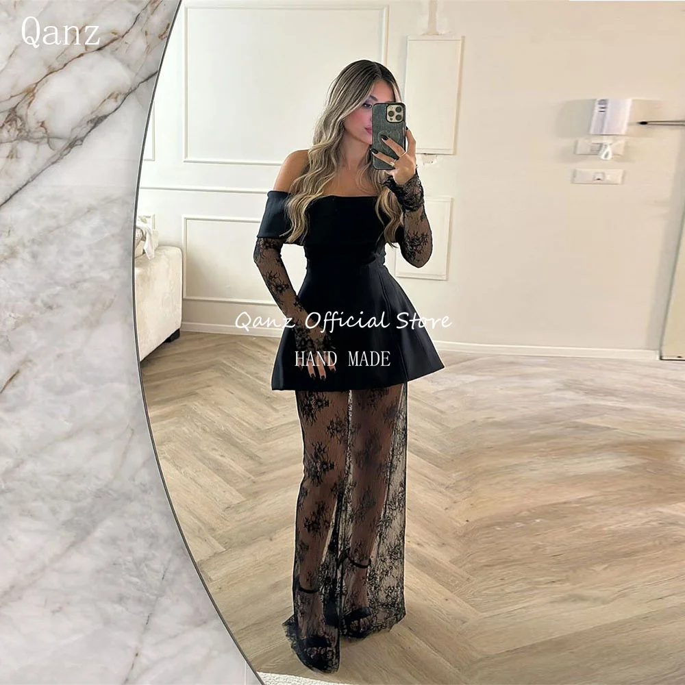 

Qanz Lace Evening Dresses Off The Shoulder Long Sleeves Dress Women Elegant Party Illusion Corset Evening Dresses Customized