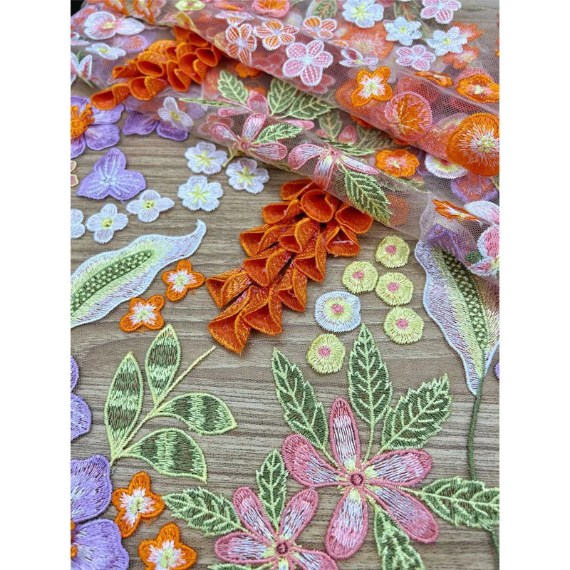 Vibrant Orange Ringing flower Embroidery Fabric Exquisite Mesh Three-dimensional Wedding Dress Cloth Desiger Fabric