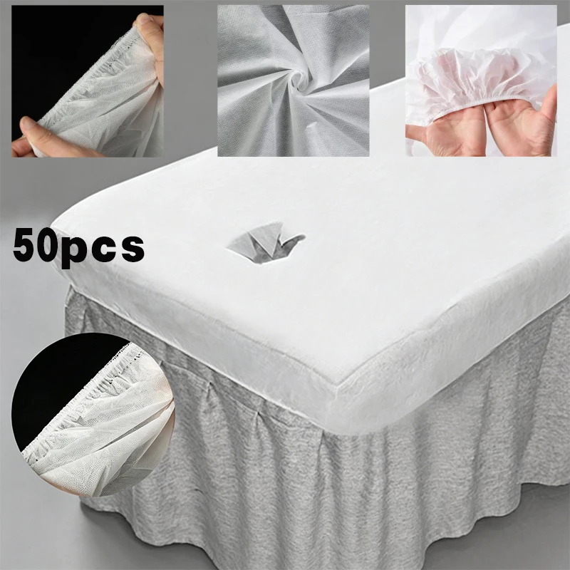 50-Pack Disposable Massage Bed Sheets, Thickened Elastic Full-Cover Bed Covers, White Non-Woven Fabric Material, Suitable for Wellness Centers, Disposable Beauty Bed Covers, Beauty Salon Massage Bed Protective Pads, Clean and Hygienic, Easy to Change between Customers