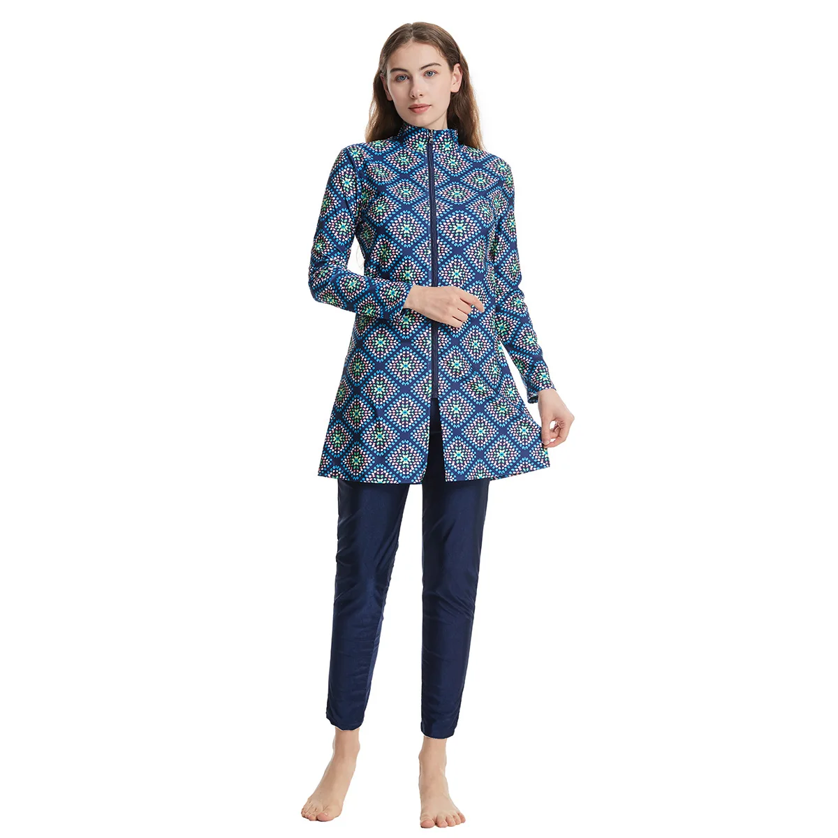 Women Geo Print Zip Burkini 3 Colors Long Sleeve Tunic Pants Quick Dry UV Protection Muslim Modest Full Coverage Beach Swimwear