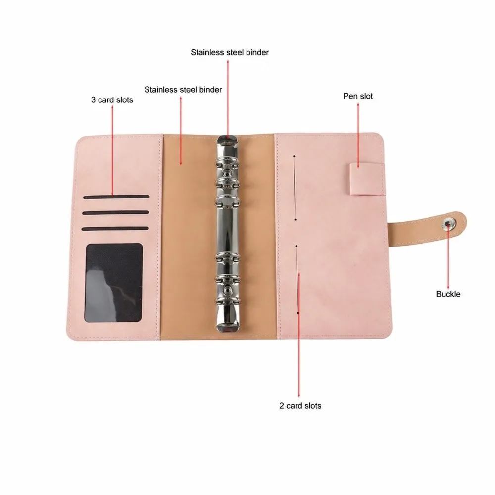 A6 Leather Shell Binder Notebook Rectangle Shape Multiple Pockets Zipper Pocket Inserts Removable Sheets A6 Size