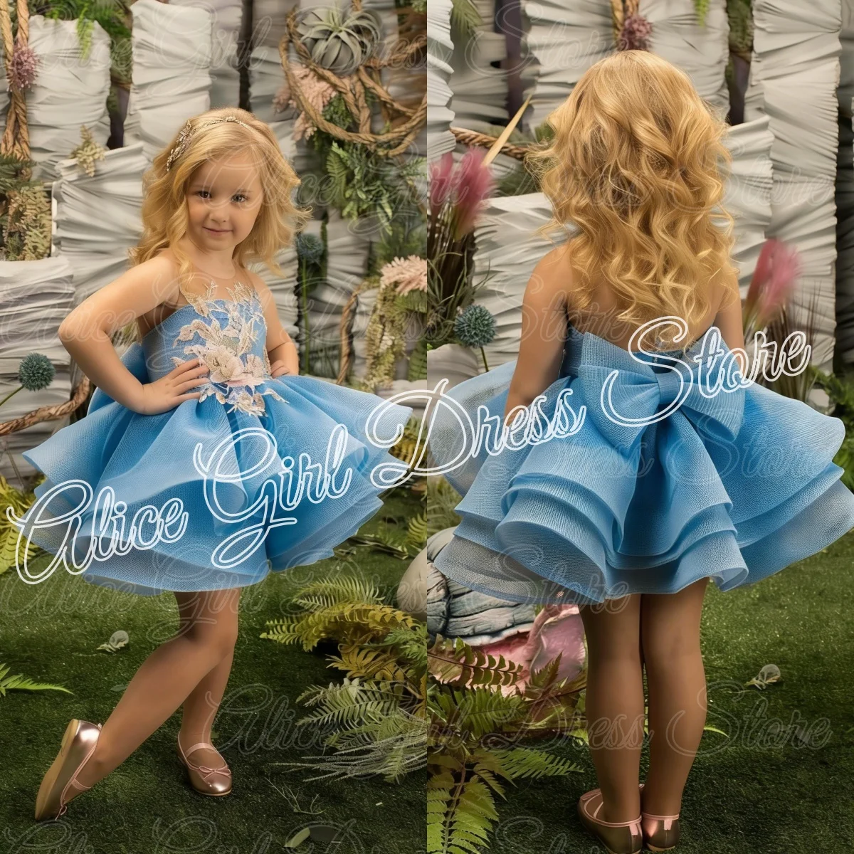 

Индивидуальные очаровательные синие платья для девочек с цветочным узором для свадьбы, кружевные аппликации, длина до колена, платья для девочек на конкурсы красоты, с бантом, для вечеринок и дней рождения