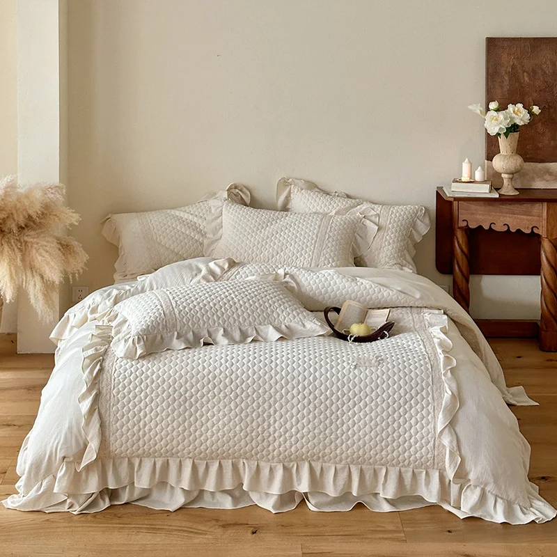 4Pcs Bedding Set Cotton Linen French Ruffles Quilted Duvet Cover With Bed Sheet Or Quilted Bedspread Pillowcases Home Textiles