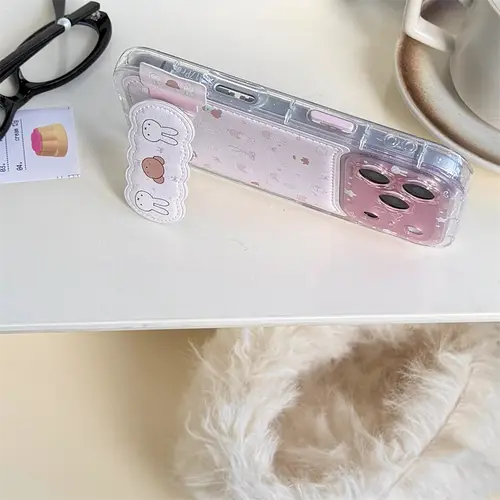 Kawaii Bear Rabbit Phone Case with Stand for iPhone 16 Pro 15 13 14 17 Pro Max Cases With Plush Pendant Cartoon Fundas Cute Case - Image 6