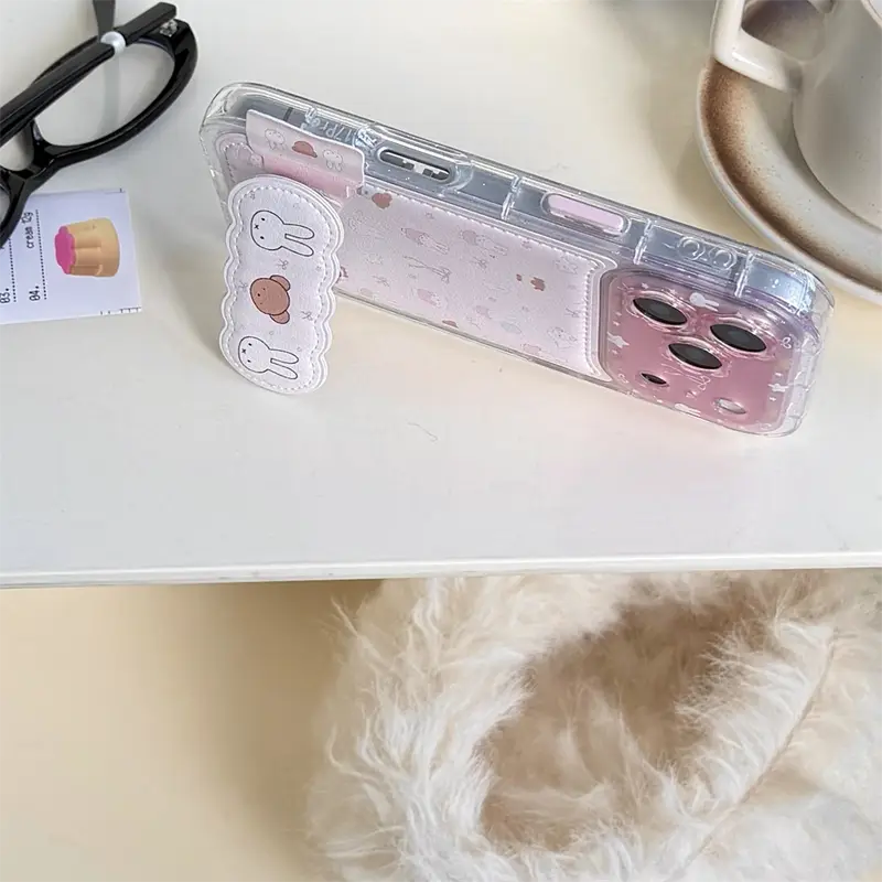 Kawaii Bear Rabbit Phone Case with Stand for iPhone 16 Pro 15 13 14 17 Pro Max Cases With Plush Pendant Cartoon Fundas Cute Case - Image 6
