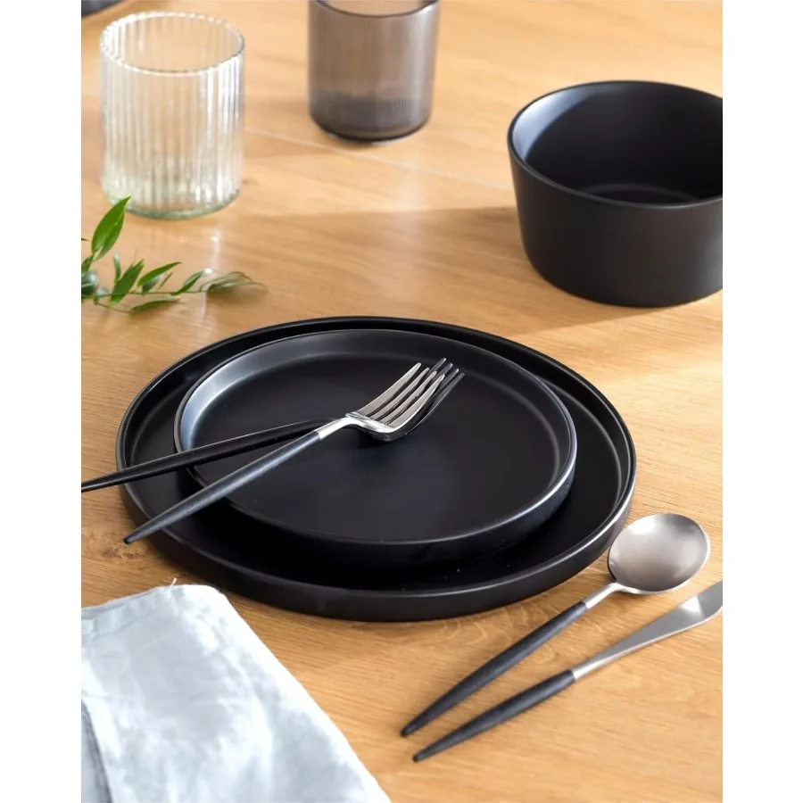 Conjunto de louça de grés preto fosco para 4 pessoas com 12 peças Ideal para jantares diários e ocasiões especiais Máquina de lavar louça mi
