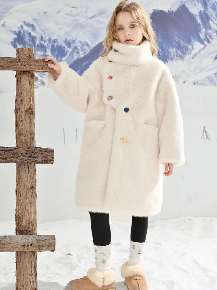 Girl's Fur Coat Medium Long Fur Integrated Coat 2024 Winter New Children's Faux Mink Fur Sweater