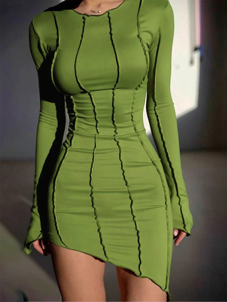 

Sexy Clubwear Women's Bodycon Irregular Hem Stripe Crew Collar High-waist Pullover Dresses Y2k High Street Fashion Solid Outfits
