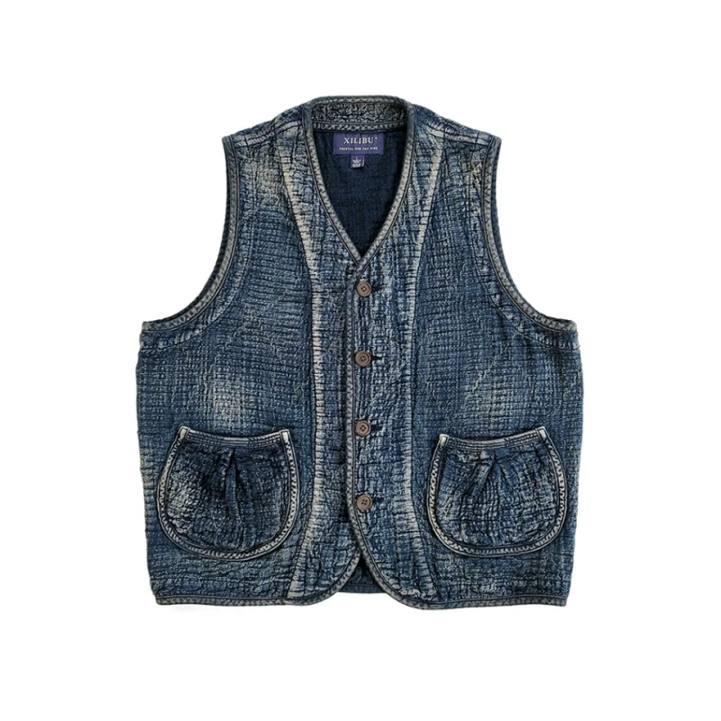 Men's Indigo Dyed Distressed Sashiko Vest Japanese Style