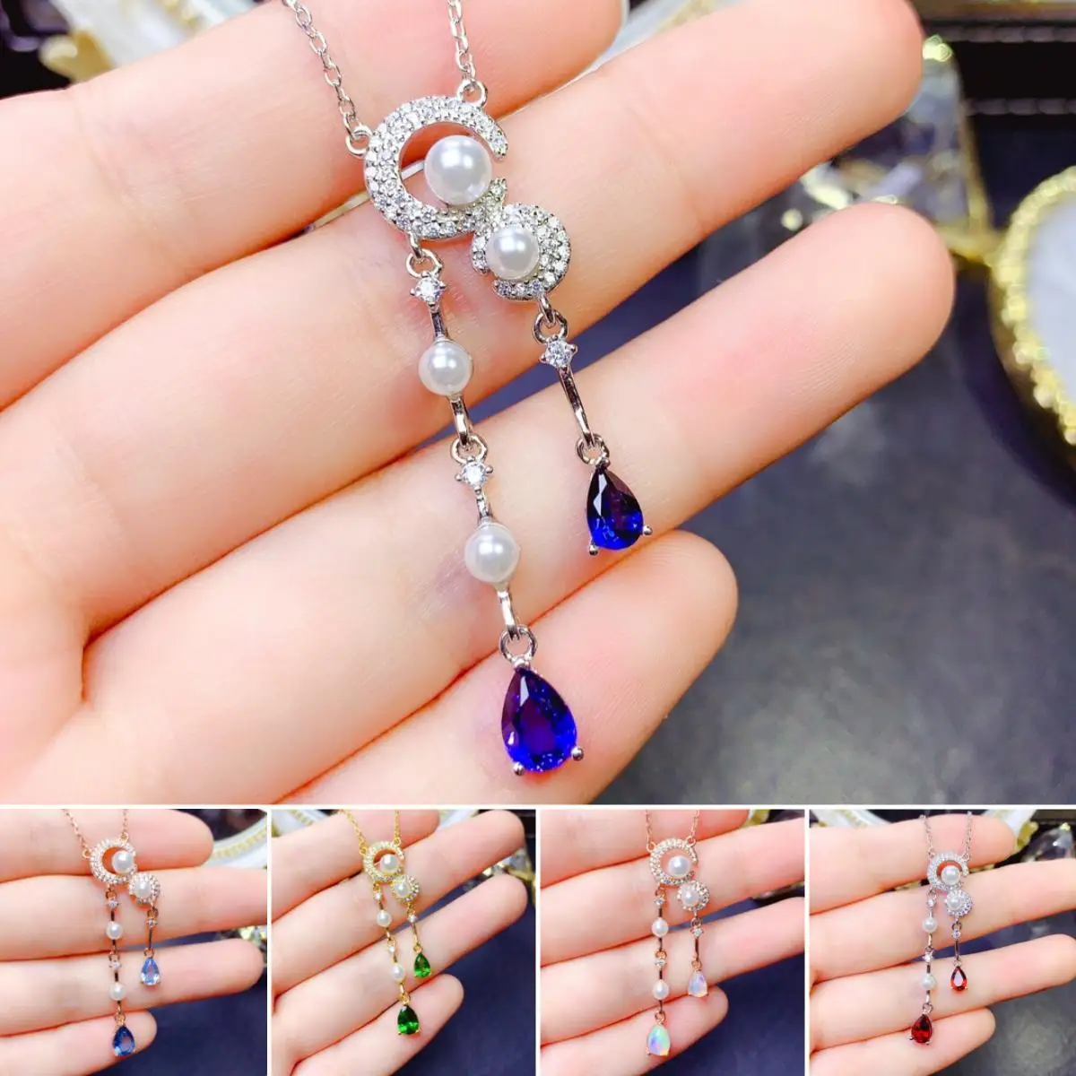 

FS Natural Opal/Topaz/Diopside/Garnet S925 Pure Silver Long Pendant Necklace Fine Fashion Wedding Jewelry for Women MeiBaPJ