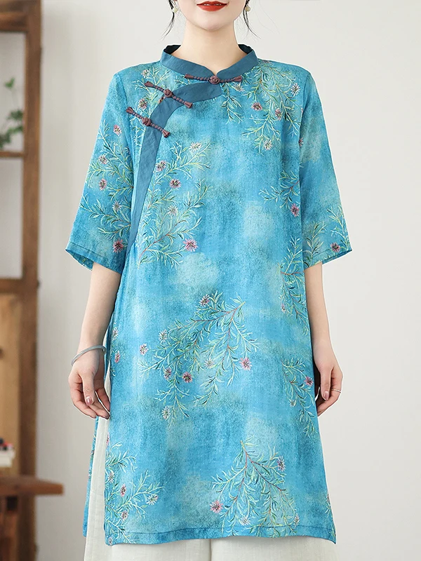 Vestido Midi Estilo Chino Artístico, Aodón y Lino, Estampado Digital, Traje Zen para Té, Corte Hoado, Manga Corta, Moda F...