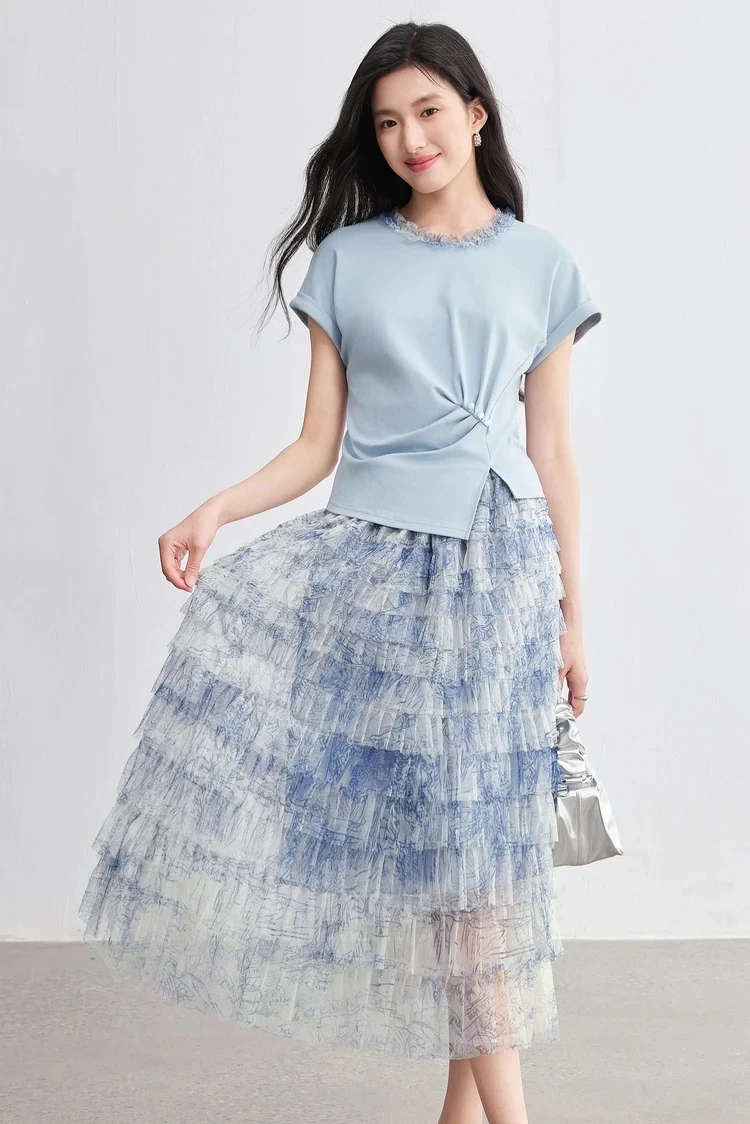 

SENTUBILA 2 Piece Sets Woman Outfit 2025 Gradual Change Tie Dye Holiday Outfits T-shirt Women's Summer Suit with Skirt 752ZC2251