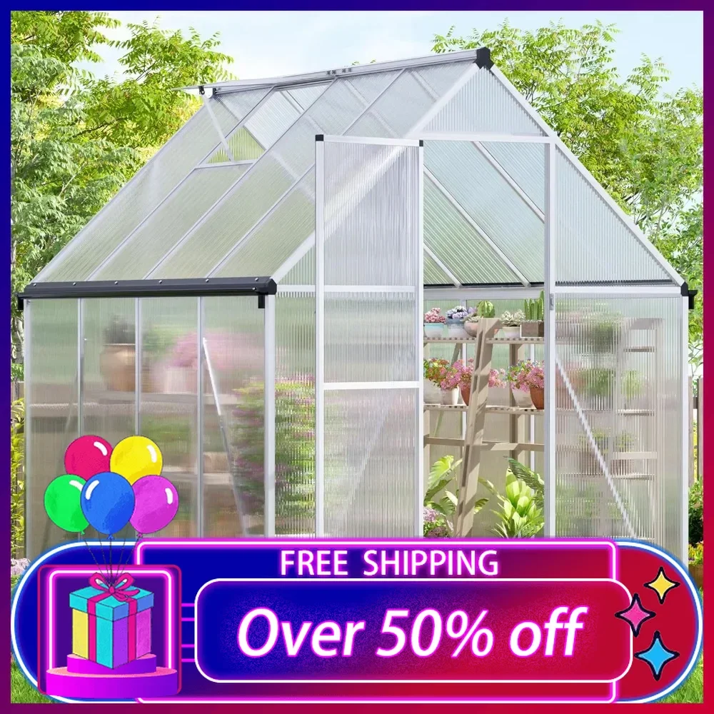 

6x8 FT Greenhouse,Polycarbonate Greenhouse with Quick Assembly Structure and Roof Vent,Large Aluminum Walk-in Greenhouse, Silver