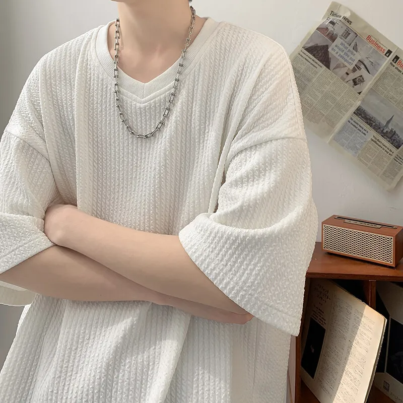 Summer Men's Texture T Shirt Leisure Half Sleeve V Neck Solid Color Loose Basic TShirt Popular Streetwear White/Black/Apricot