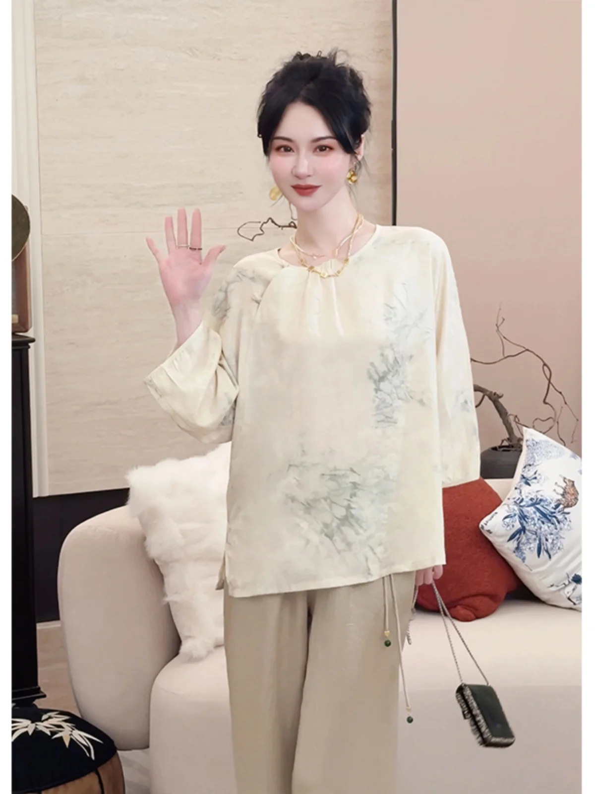

New Chinese Sle Women's irt Spring 2024 Loose Slim ort Button up Top Cotton Polyester Blend Long Sve round Ne