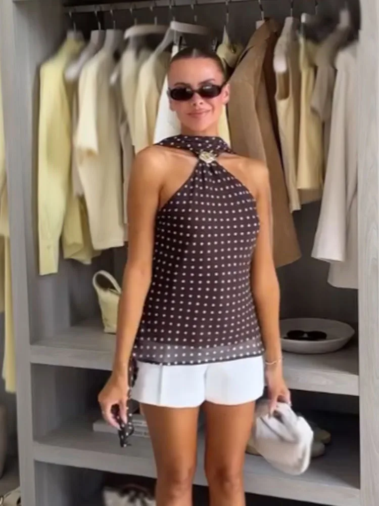 

HH женский сексуальный без рукавов с открытой спиной на шее, элегантный тонкий топ для вечеринок, женский летний шарф с принтом в горошек, топ с металлической пряжкой