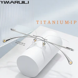 YIMARUILI Ultra-light Fashion Polygonal Luxury Myopia Eyewear Men Retro Pure Titanium Optical Prescription Rimless Glasses Women