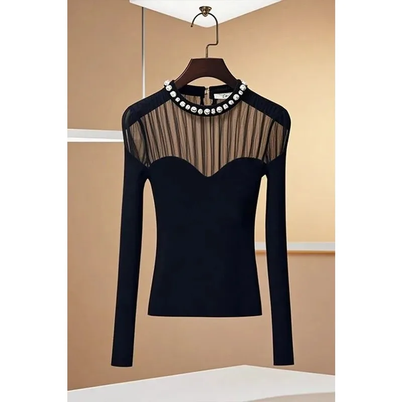 Chic And Unique French Style Black Stitching Mesh T-shirt For Women In Winter
