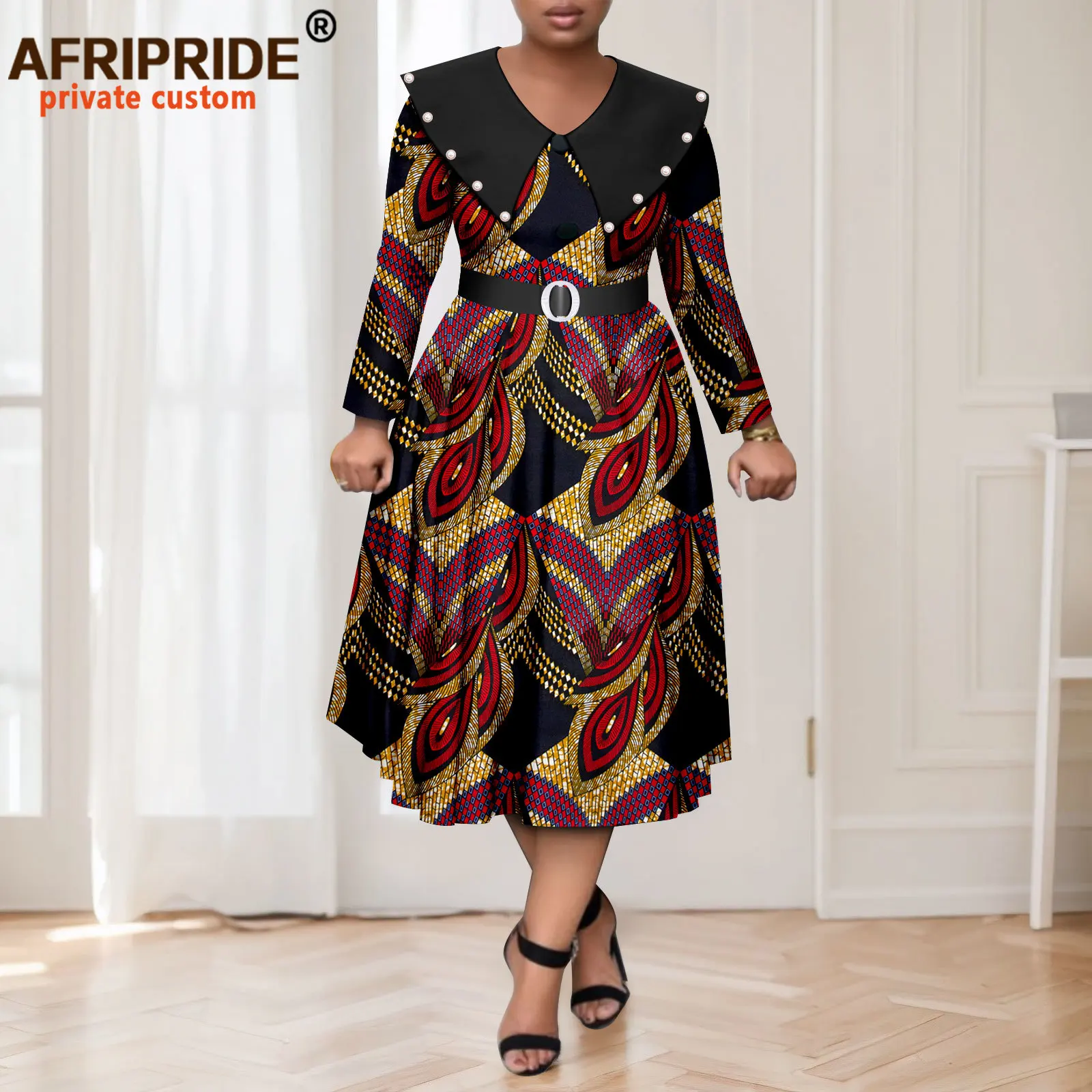 African Dresses for Women Embroidered Flares High Waist Print Dress Casual Party Outfit Dashiki Clothing with Belt 2525047