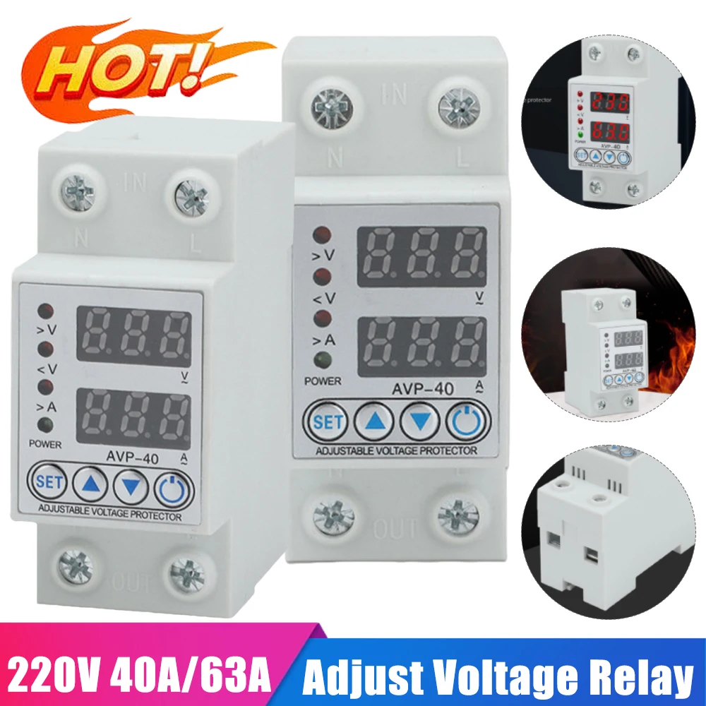 Dual Display 40A 63A 220V Din Rail Adjustable digital Over Under Voltage Relay Surge Protector Limit Over Current Protection