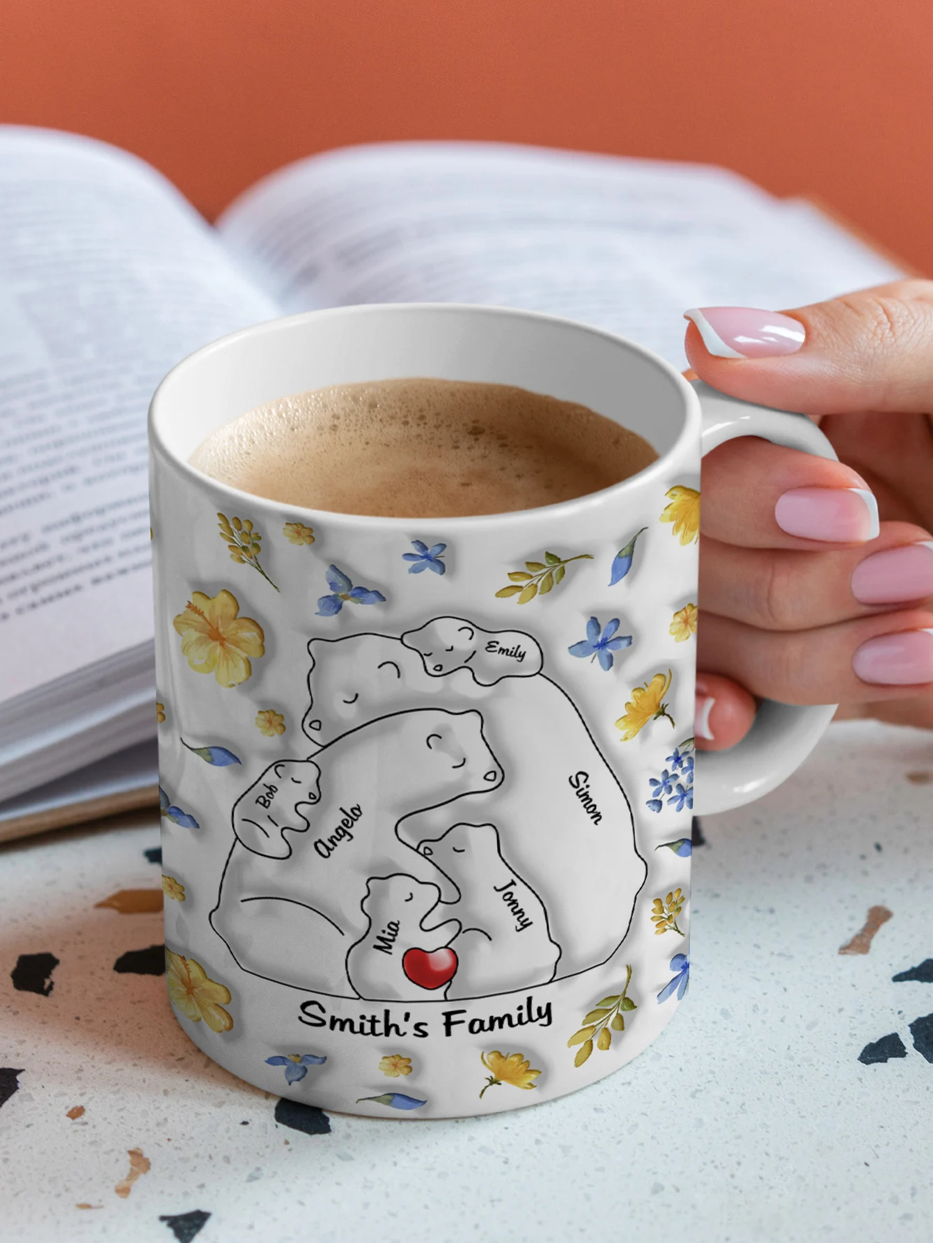 Custom Bear Family Name Mug 11oz Personalized Names Coffee Cup 3D Inflated Effect Gift for Mom Dad Couple Wedding