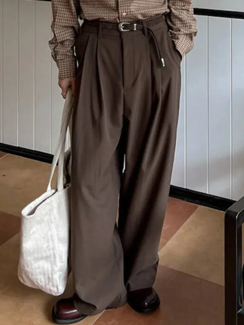 New Simple Men's Suit Trousers Pleated Design Korean Style Solid Color Wide Leg Straight All-amtch Male Trousers 9XS9OG