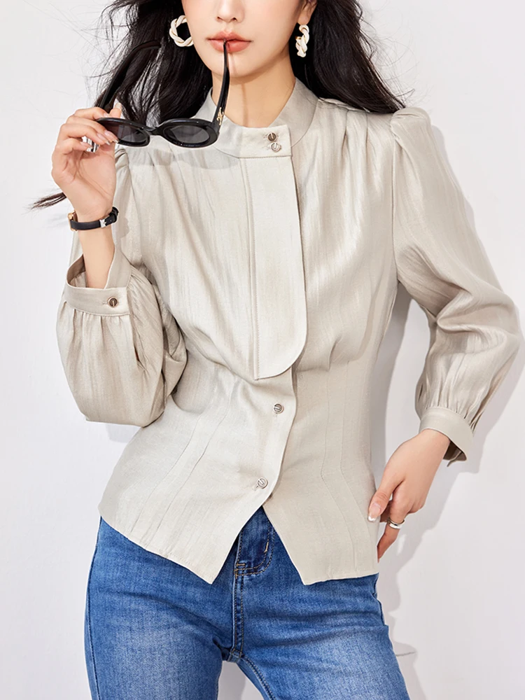

QOERLIN Gilt Series Retro 2023 New Loose Stand Collar Slim Waist Shirts Female Bishop Sleeve Blouse Long Sleeve Elegant Shirts
