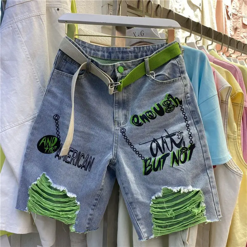 Summer 2024 New Shorts Women's Loose Hole Jeans High Waist Straight Leg Wide Leg Split Pants  streetwear